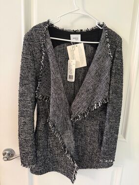 Akris Punto Black & White Tweed Fringe Drape Cardigan
